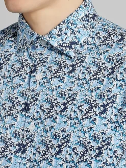 Button Up Shirts|Casual Shirts-Joseph Abboud Modern Fit Painted Abstract Floral Button Up Shirt Blue