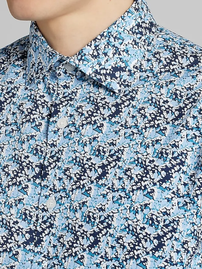Button Up Shirts|Casual Shirts-Joseph Abboud Modern Fit Painted Abstract Floral Button Up Shirt Blue