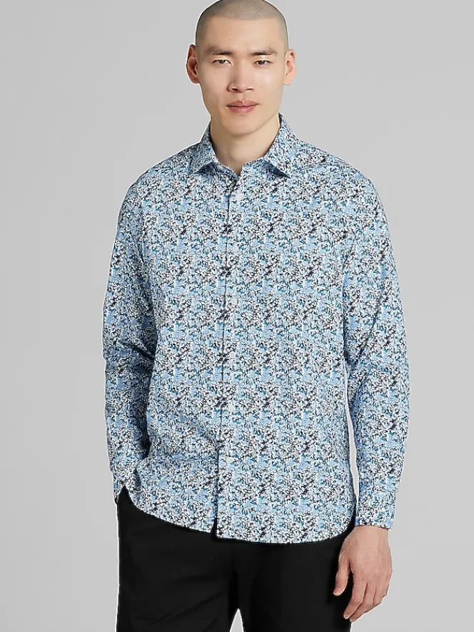 Button Up Shirts|Casual Shirts-Joseph Abboud Modern Fit Painted Abstract Floral Button Up Shirt Blue