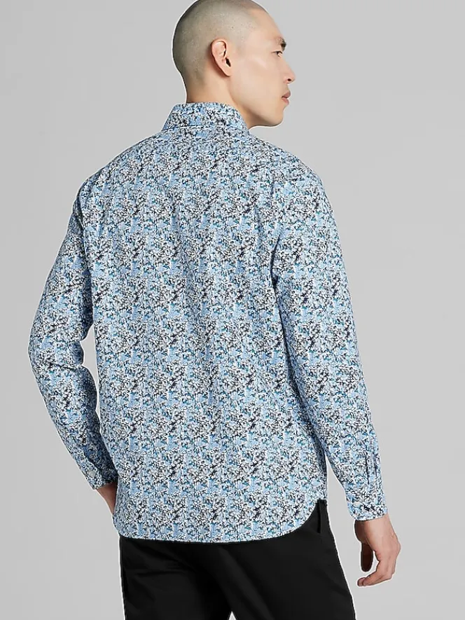 Button Up Shirts|Casual Shirts-Joseph Abboud Modern Fit Painted Abstract Floral Button Up Shirt Blue