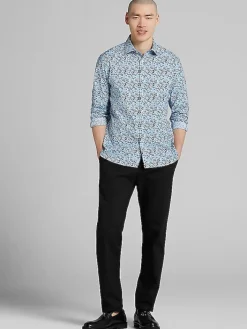 Button Up Shirts|Casual Shirts-Joseph Abboud Modern Fit Painted Abstract Floral Button Up Shirt Blue