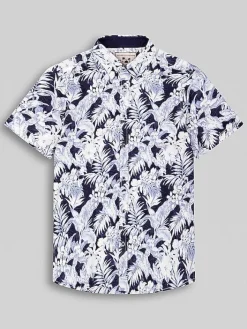 Button Up Shirts|Casual Shirts-Report Collection Modern Fit Palm Print Linen Blend Button Up Shirt Navy And Blue