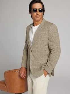 Sport Coats|Sport Coats-Nautica Modern Fit Plaid Linen Blend Sport Coat Tan Windowpane