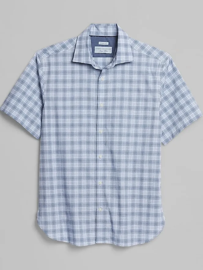Button Up Shirts-Joseph Abboud Modern Fit Plaid Short Sleeve Button Up Shirt Light Blue