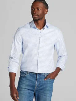 Patterned Dress Shirts|Designer Dress Shirts-Joseph Abboud Modern Fit Plaid Spread Collar Dress Shirt Lt Blue