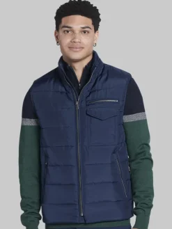 Outerwear-Joseph Abboud Modern Fit Quilted Motorcycle Vest Navy