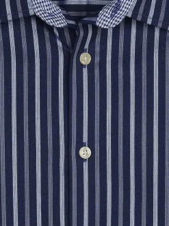 Button Up Shirts|Long Sleeve Button Up Shirts-Pronto Uomo Modern Fit Sateen Stripe Button Up Shirt Dark Blue