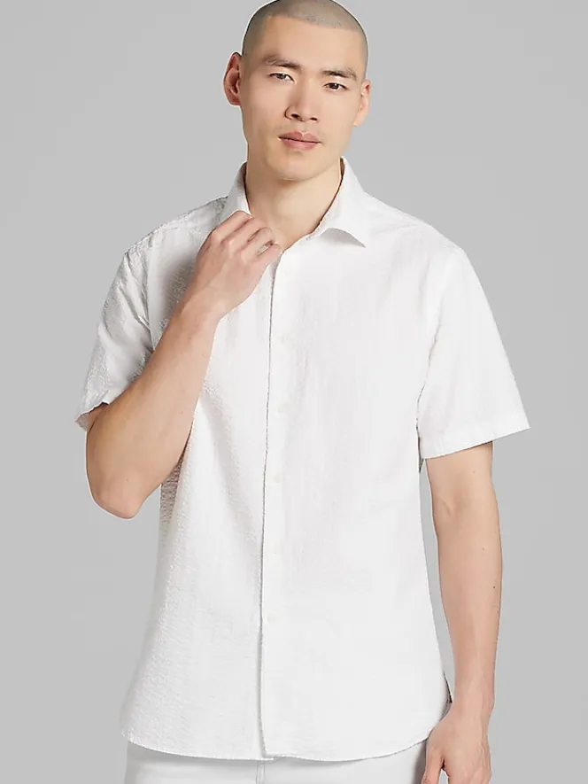 Casual Shirts|Button Up Shirts-Joseph Abboud Modern Fit Seersucker Short Sleeve Button Up Shirt White
