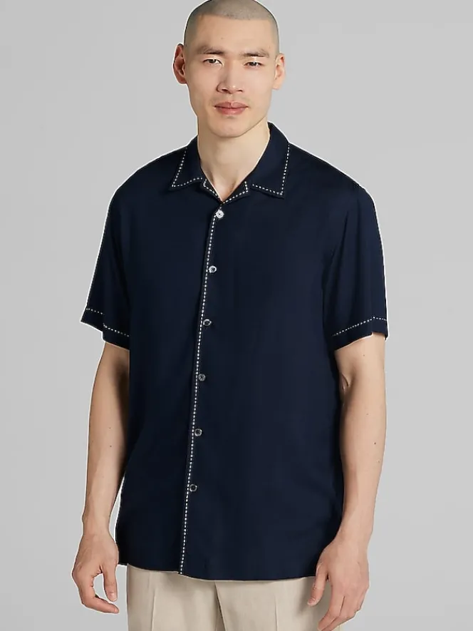 Button Up Shirts|Casual Shirts-Pronto Uomo Modern Fit Short Sleeve Camp Shirt Navy