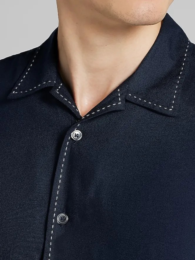 Button Up Shirts|Casual Shirts-Pronto Uomo Modern Fit Short Sleeve Camp Shirt Navy