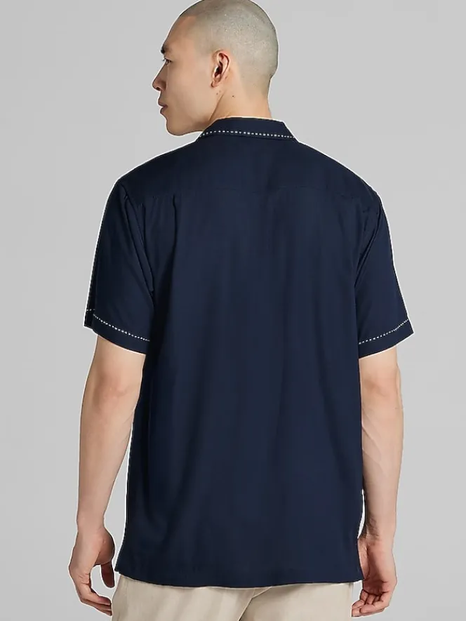 Button Up Shirts|Casual Shirts-Pronto Uomo Modern Fit Short Sleeve Camp Shirt Navy