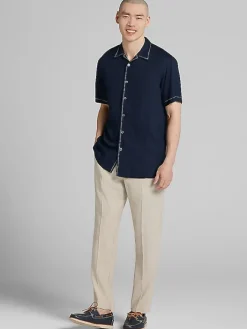 Button Up Shirts|Casual Shirts-Pronto Uomo Modern Fit Short Sleeve Camp Shirt Navy