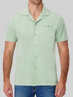 Button Up Shirts-Report Collection Modern Fit Solid Knit Slub Camp Shirt Light Green