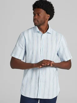 Button Up Shirts|Casual Shirts-Joseph Abboud Modern Fit Stripe Linen Blend Button Up Shirt Light Blue