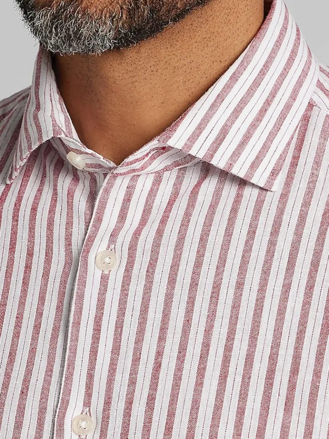 Button Up Shirts|Casual Shirts-Joseph Abboud Modern Fit Stripe Linen Blend Button Up Shirt Red