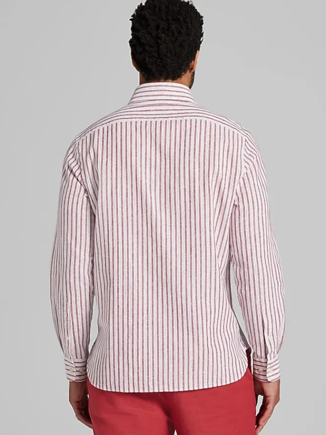 Button Up Shirts|Casual Shirts-Joseph Abboud Modern Fit Stripe Linen Blend Button Up Shirt Red