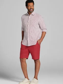 Button Up Shirts|Casual Shirts-Joseph Abboud Modern Fit Stripe Linen Blend Button Up Shirt Red