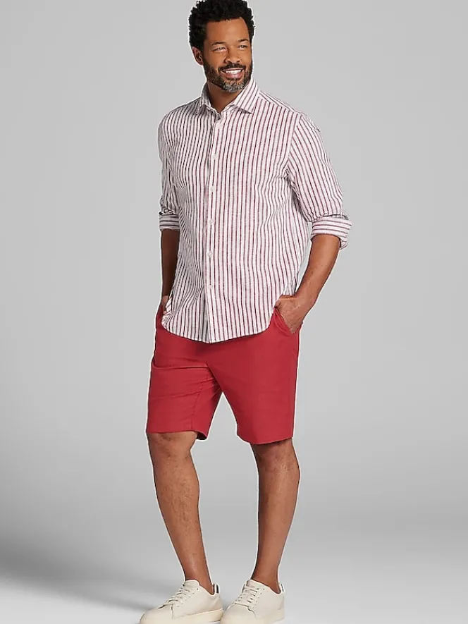 Button Up Shirts|Casual Shirts-Joseph Abboud Modern Fit Stripe Linen Blend Button Up Shirt Red