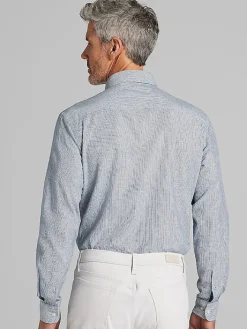 Button Up Shirts|Long Sleeve Button Up Shirts-Joseph Abboud Modern Fit Stripe Linen Blend Button Up Shirt Navy/White