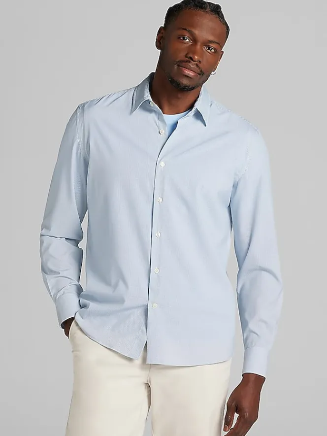 Button Up Shirts|Long Sleeve Button Up Shirts-Pronto Uomo Modern Fit 4-Way Stretch Diamond Button Up Shirt Blue
