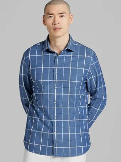 Button Up Shirts|Casual Shirts-Joseph Abboud Modern Fit Windowpane Plaid Button Up Shirt Blue