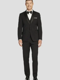 Tuxedos|Big & Tall Suits-Tommy Hilfiger Modern Fit Wool Blend Tuxedo Jacket Formal Black