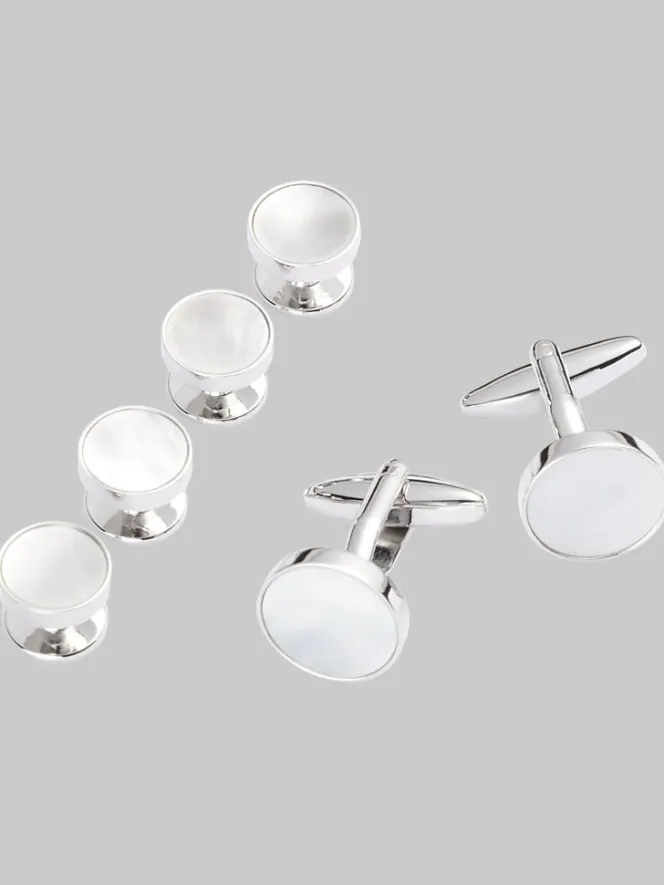 Formal Accessories|Tie Bars & Cufflinks-Pronto Uomo Mother-of-Pearl Circle Cufflinks & Studs Set Silver