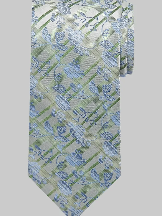 Ties-Pronto Uomo Narrow Floral Plaid Tie Light Green