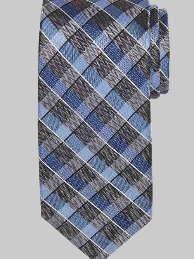Ties-Pronto Uomo Narrow Plaid Silk Tie Blue/Char Plaid