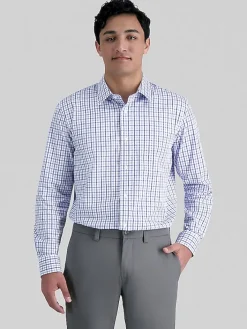 Patterned Dress Shirts|Designer Dress Shirts-Haggar Premium Comfort Classic Fit Tonal Check Dress Shirt Blue Check