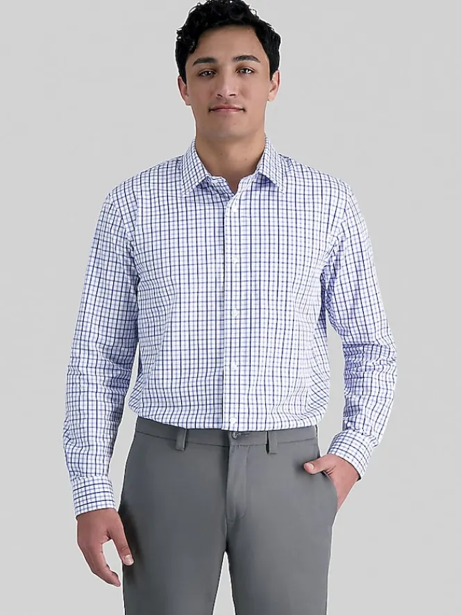 Patterned Dress Shirts|Designer Dress Shirts-Haggar Premium Comfort Classic Fit Tonal Check Dress Shirt Blue Check