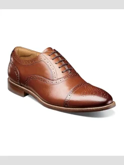Oxfords|Dress & Formal Shoes-Florsheim Remi Leather Medallion Cap Toe Oxfords Cognac
