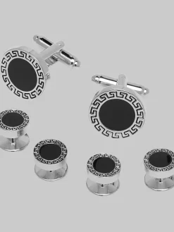 Jewelry|Tie Bars & Cufflinks-Pronto Uomo Round Engraved Cufflinks & Studs Set Black