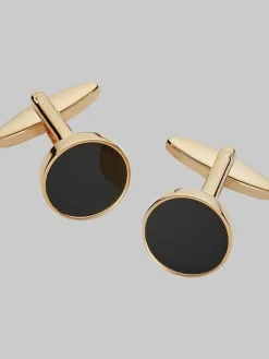 Tie Bars & Cufflinks-Pronto Uomo Round Onyx Gold Cufflinks Black