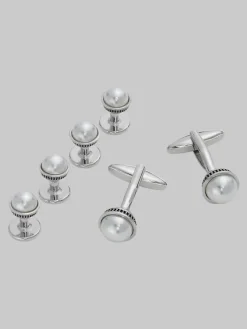 Tie Bars & Cufflinks-Pronto Uomo Round Pearl Cufflinks & Studs Set Silver