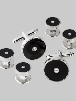 Formal Accessories|Jewelry-Pronto Uomo Round Rhinestone Cufflinks & Studs Set Silver/Black
