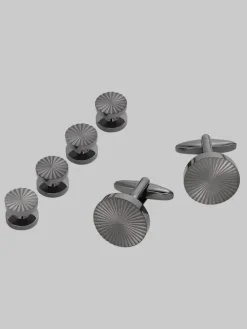 Tie Bars & Cufflinks-Pronto Uomo Round Spiral Gunmetal Cufflinks & Studs Set Gunmetal Grey