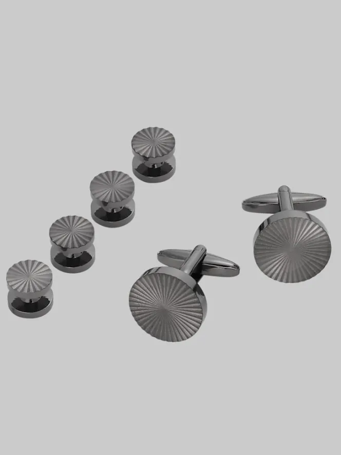 Tie Bars & Cufflinks-Pronto Uomo Round Spiral Gunmetal Cufflinks & Studs Set Gunmetal Grey