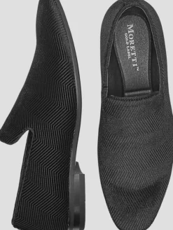 Loafers & Slip-ons|Dress & Formal Shoes-Moretti Silas Velvet Chevron Smoking Shoes Black