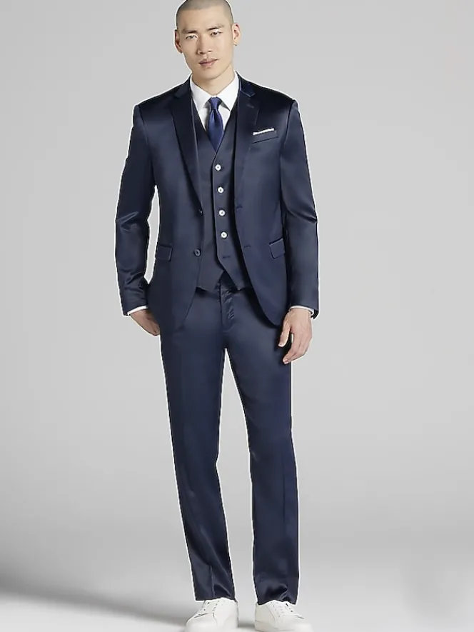 3-piece Suits|Suit Separates-Egara Skinny Fit Shiny Suit Jacket Navy Shiny