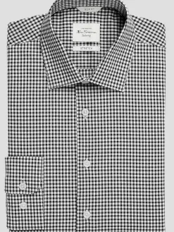 Big & Tall Dress Shirts|Patterned Dress Shirts-Ben Sherman Slim Fit Check Button-Up Dress Shirt Black Check