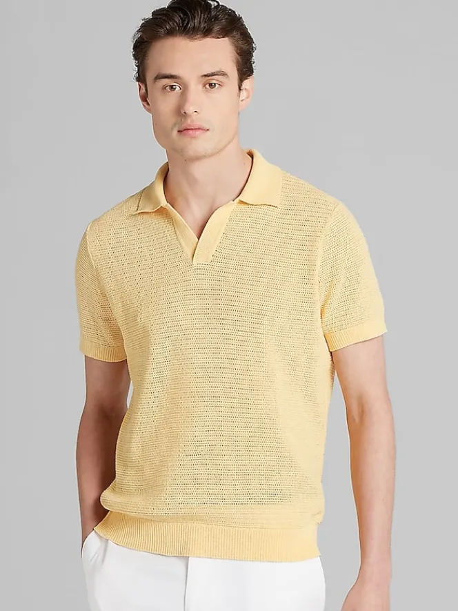 Polos-Paisley &Amp; Gray Slim Fit Chenille Johnny Collar Polo Yellow
