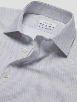 Dress Shirts|Patterned Dress Shirts-Calvin Klein Slim Fit Cotton Blend Spread Collar Textured Dress Shirt Gray Check