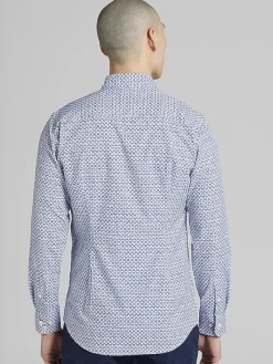 Button Up Shirts|Casual Shirts-Awearness Kenneth Cole Slim Fit Diamond Geo 4-Way Stretch Button Up Shirt Blue