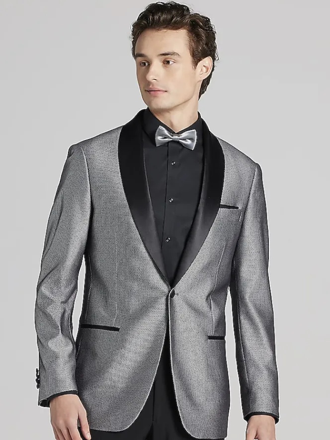 Dinner Jackets|Sport Coats-Egara Slim Fit Dinner Jacket Black/Silver Herringbone