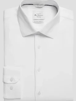 Solid Dress Shirts|Designer Dress Shirts-Ben Sherman Slim Fit Dobby Basketweave Dress Shirt White Solid