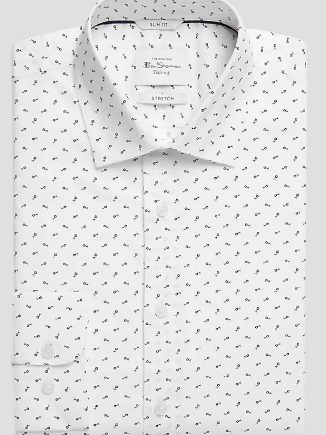 Big & Tall Dress Shirts|Patterned Dress Shirts-Ben Sherman Slim Fit Floral Dress Shirt White Fancy