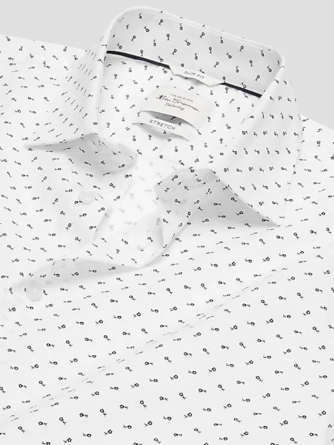 Big & Tall Dress Shirts|Patterned Dress Shirts-Ben Sherman Slim Fit Floral Dress Shirt White Fancy