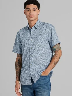 Casual Shirts|Button Up Shirts-Awearness Kenneth Cole Slim Fit Floral Swirls 4-Way Stretch Button Up Shirt Blue