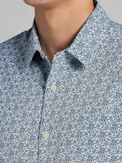 Casual Shirts|Button Up Shirts-Awearness Kenneth Cole Slim Fit Floral Swirls 4-Way Stretch Button Up Shirt Blue